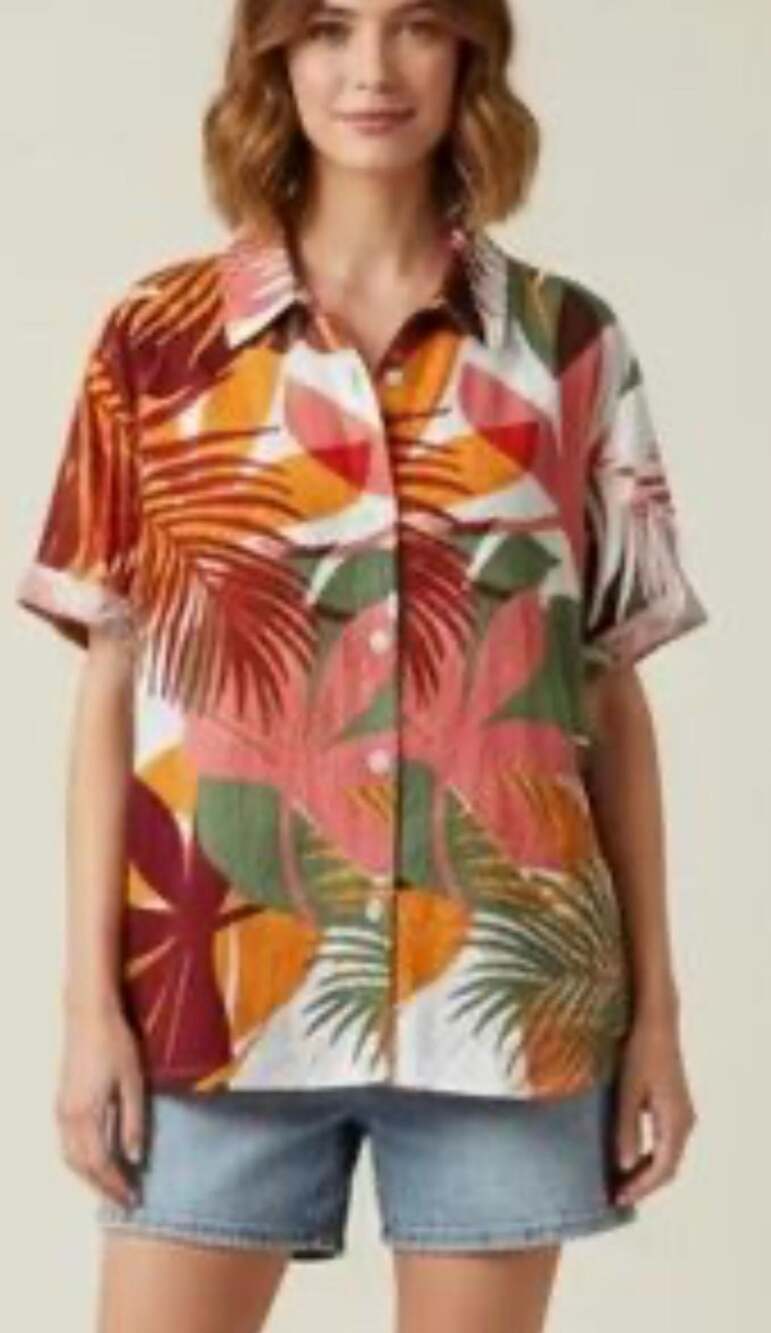 Vitamin A Playa Tropical Palm Print Linen Camp Shirt Cover Up Size S